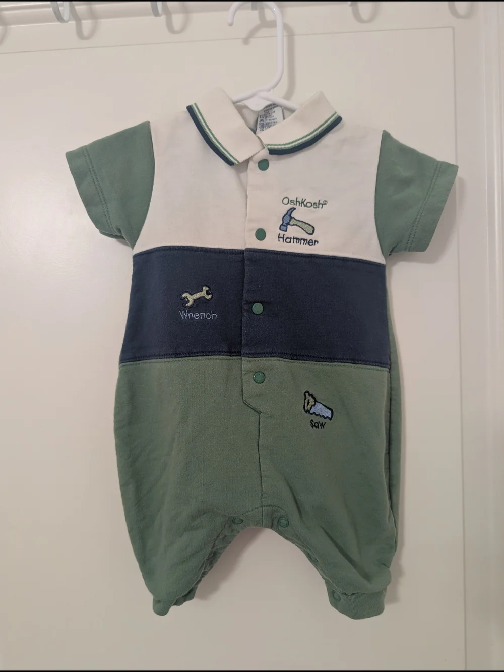 Y2K Vintage OshKosh B'gosh Green, Navy & White Embroidery Tool Themed Romper